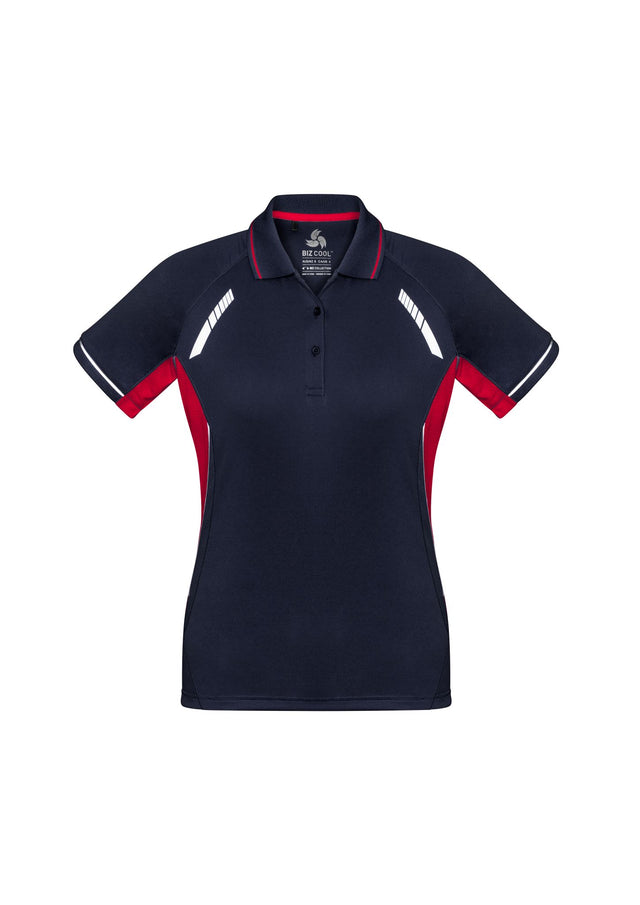Ladies Renegade Polo in Navy, Red, and Silver, featuring breathable fabric, reflective trims, and a stylish knitted collar.