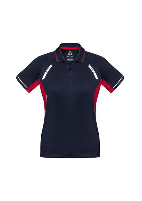 Ladies Renegade Polo in Navy/Red/Silver, Size 16, featuring breathable mesh panels and reflective trims for style and comfort.