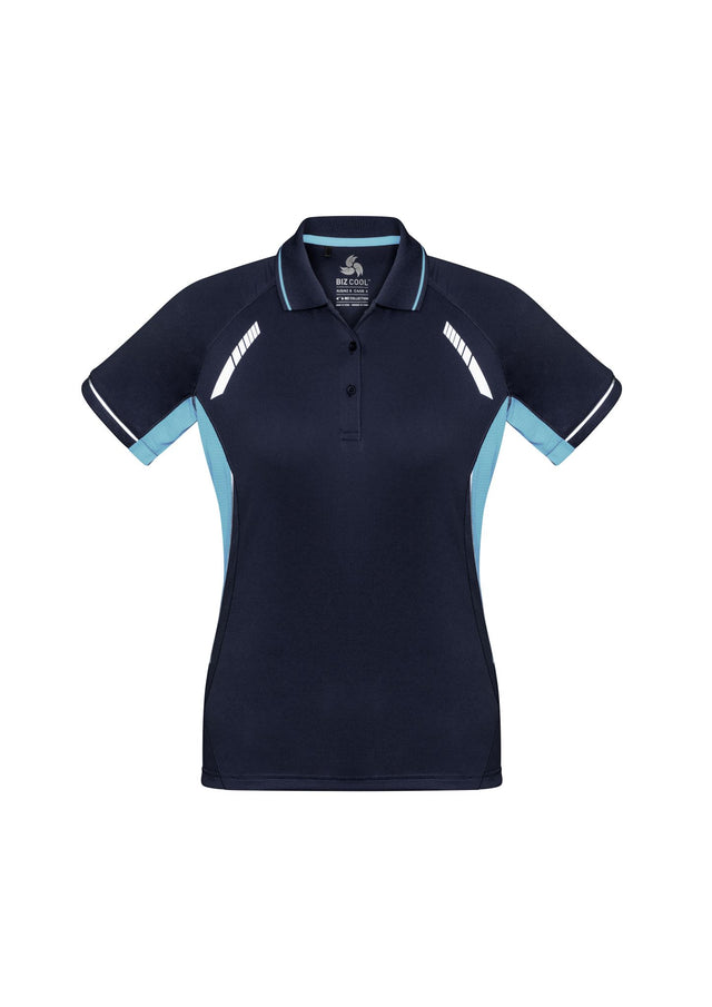 Ladies Renegade Polo in Navy/Sky/Silver, Size 14, featuring breathable fabric, reflective trims, and a stylish knitted collar.