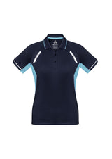 Ladies Renegade Polo in Navy/Sky/Silver, size 24, featuring breathable fabric, reflective trims, and stylish design.