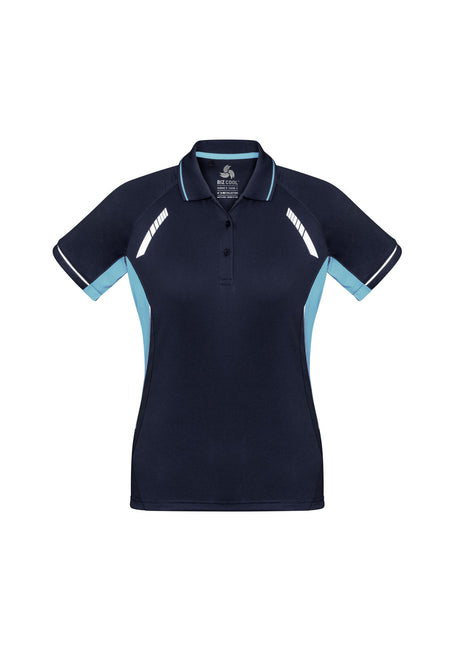 Ladies Renegade Polo in Navy/Sky/Silver, size 24, featuring breathable fabric, reflective trims, and stylish design.