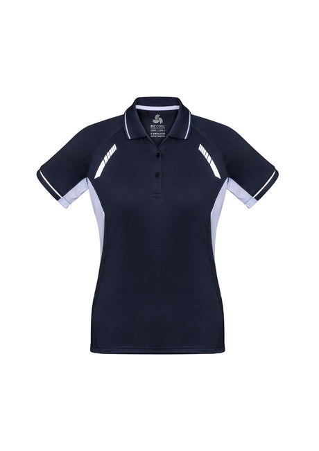 Ladies Renegade Polo in Navy/White/Silver, size 8, featuring breathable fabric, UPF protection, and reflective trims for style and visibility.