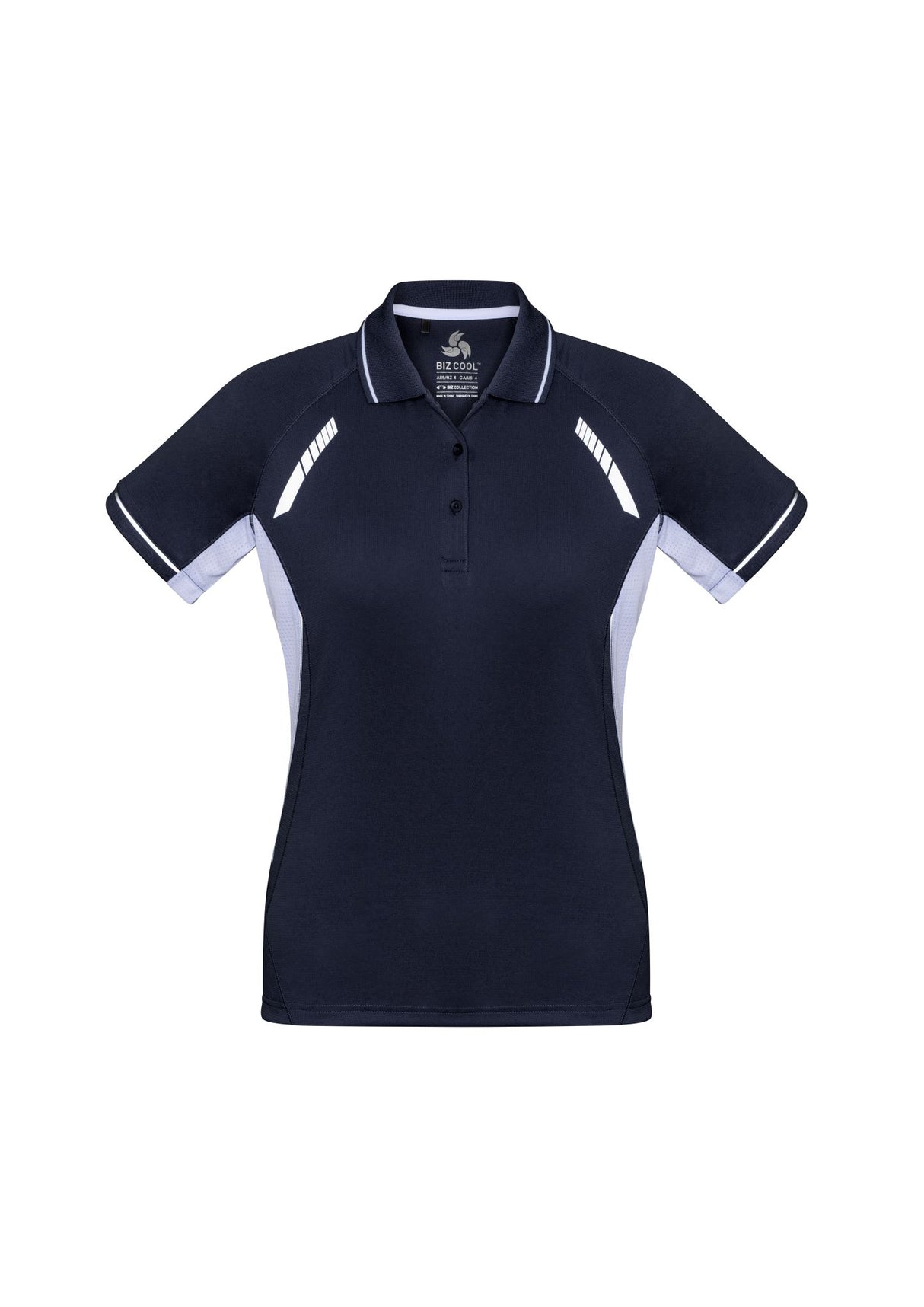 Ladies Renegade Polo in Navy/White/Silver, Size 16, featuring breathable fabric, reflective trims, and stylish mesh panels.