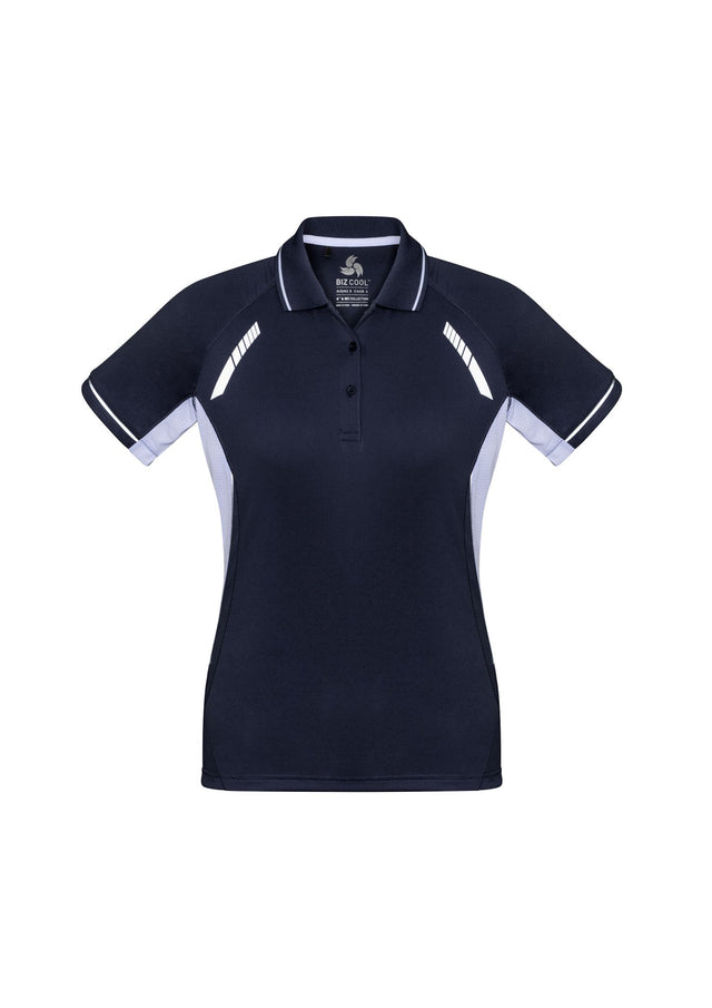 Ladies Renegade Polo in Navy, White, and Silver, featuring reflective trims and breathable mesh panels for comfort and style.