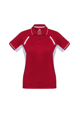 Ladies Renegade Polo in red, white, and silver, size 10, featuring breathable fabric and stylish reflective trims.