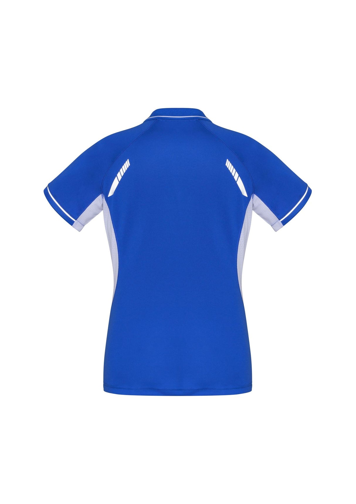 Ladies Renegade Polo in Royal/White/Silver, Size 8, featuring breathable fabric, reflective trims, and stylish mesh panels.