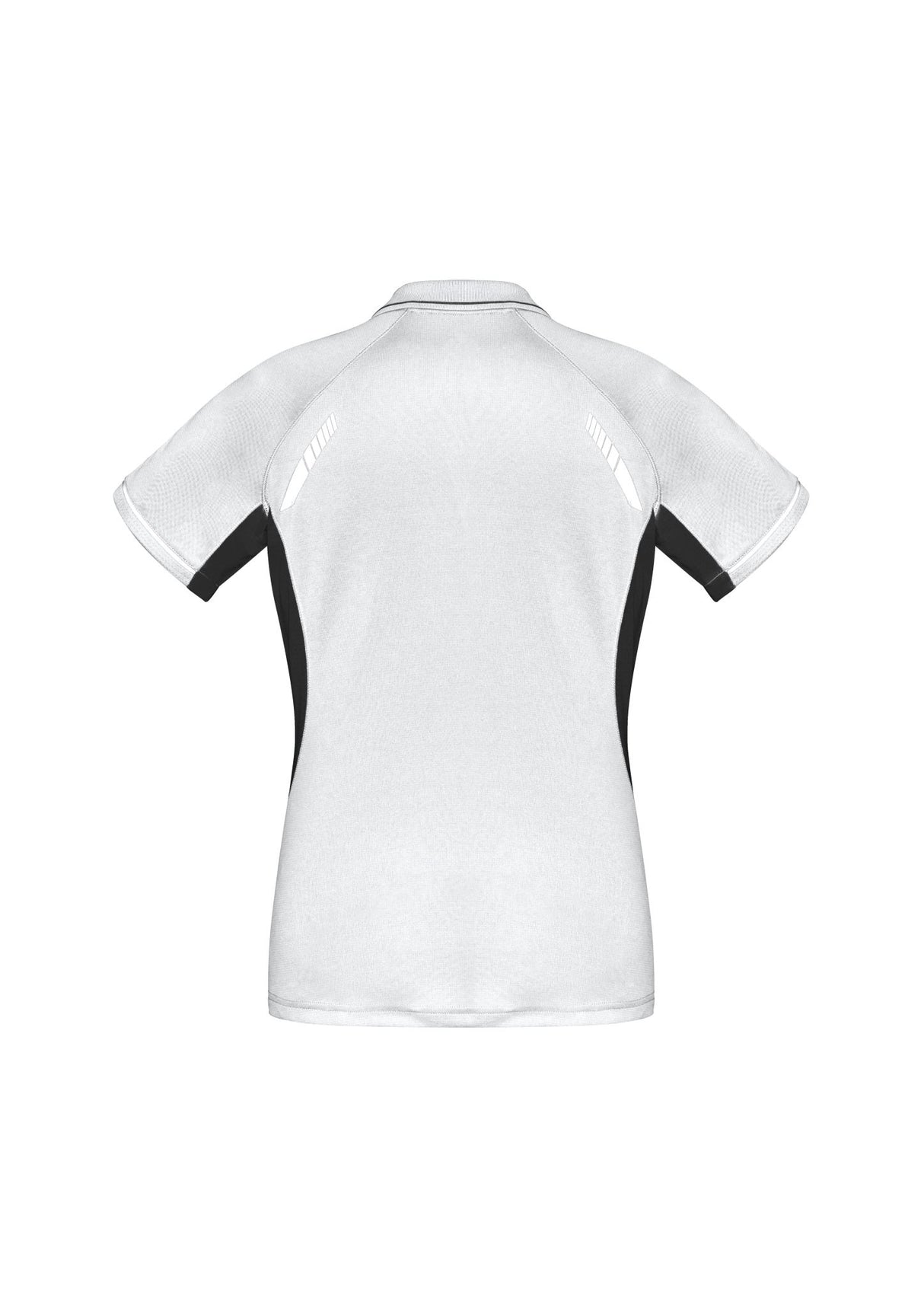 Ladies Renegade Polo in White, Black, and Silver, Size 22, featuring breathable fabric, reflective trims, and a stylish design.