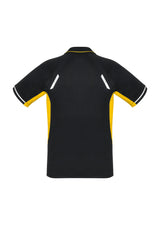 Kids Renegade Polo in Black/Gold/Silver, size 16, featuring reflective trims and breathable mesh panels for active comfort.