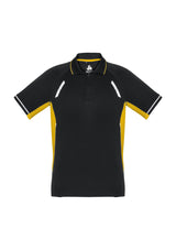 Kids Renegade Polo in Black/Gold/Silver, Size 4, features breathable fabric, reflective trims, mesh panels, and a stylish collar.