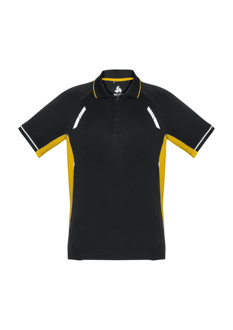 Kids Renegade Polo in Black/Gold/Silver, Size 4, features breathable fabric, reflective trims, mesh panels, and a stylish collar.