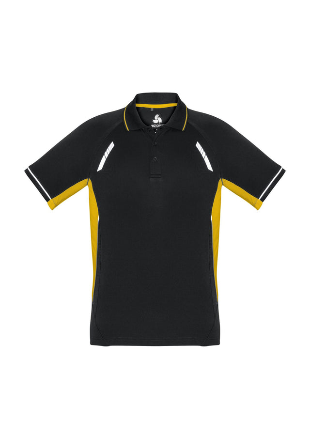 Kids Renegade Polo in Black/Gold/Silver, Size 4, features breathable fabric, reflective trims, mesh panels, and a stylish collar.