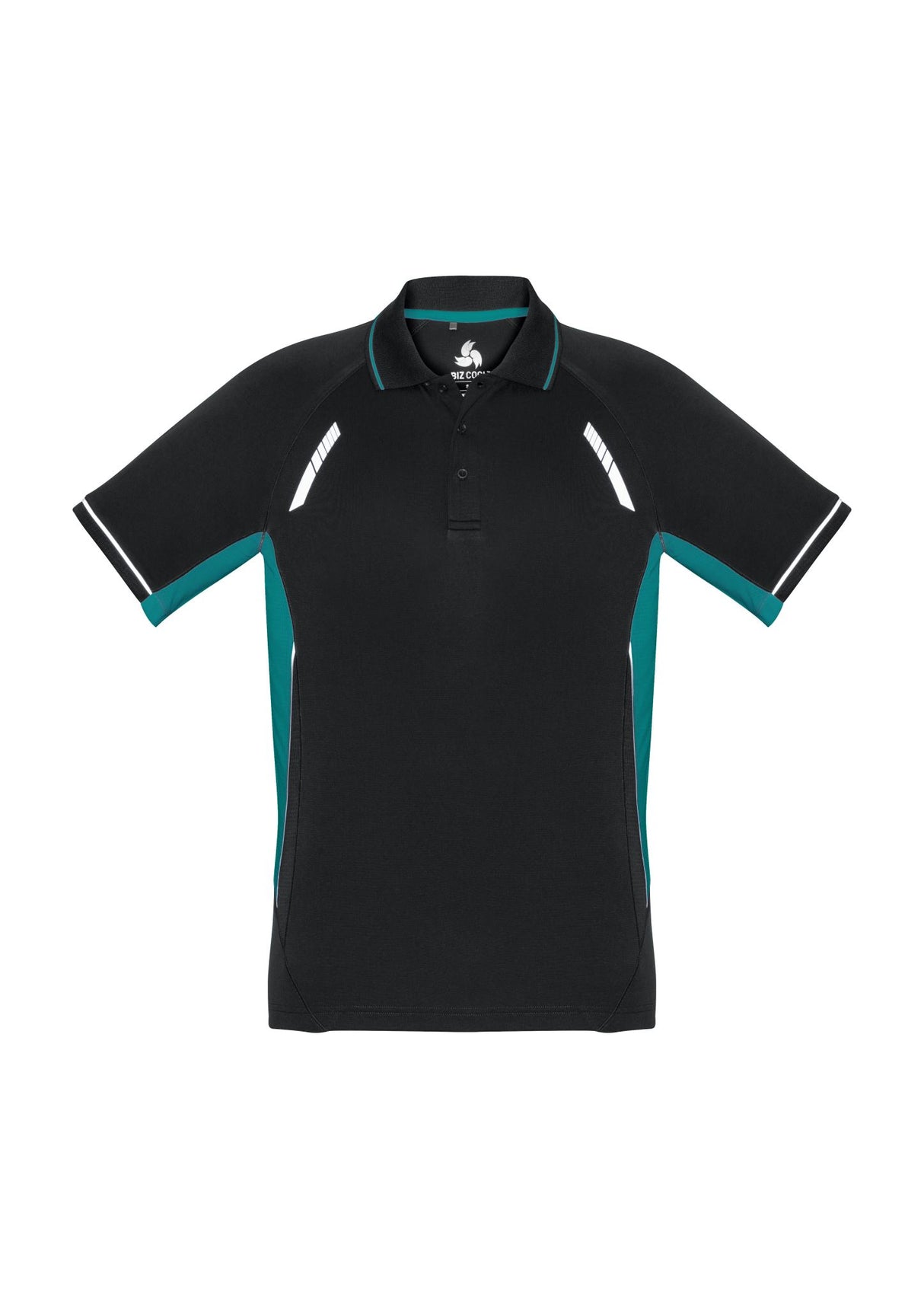 Kids Renegade Polo in Black/Teal/Silver, size 16, featuring breathable fabric, UPF protection, and bold color contrasts.