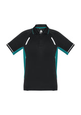 Kids Renegade Polo in Black/Teal/Silver, size 16, featuring breathable fabric, UPF protection, and bold color contrasts.