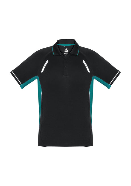 Kids Renegade Polo in Black/Teal/Silver, size 16, featuring breathable fabric, UPF protection, and bold color contrasts.