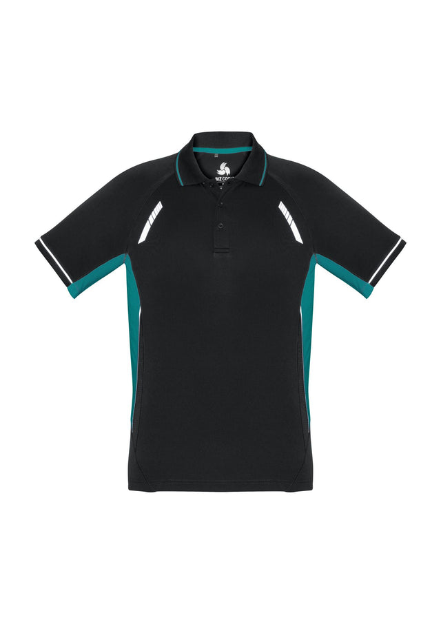 Kids Renegade Polo in Black/Teal/Silver, size 16, featuring breathable fabric, UPF protection, and bold color contrasts.