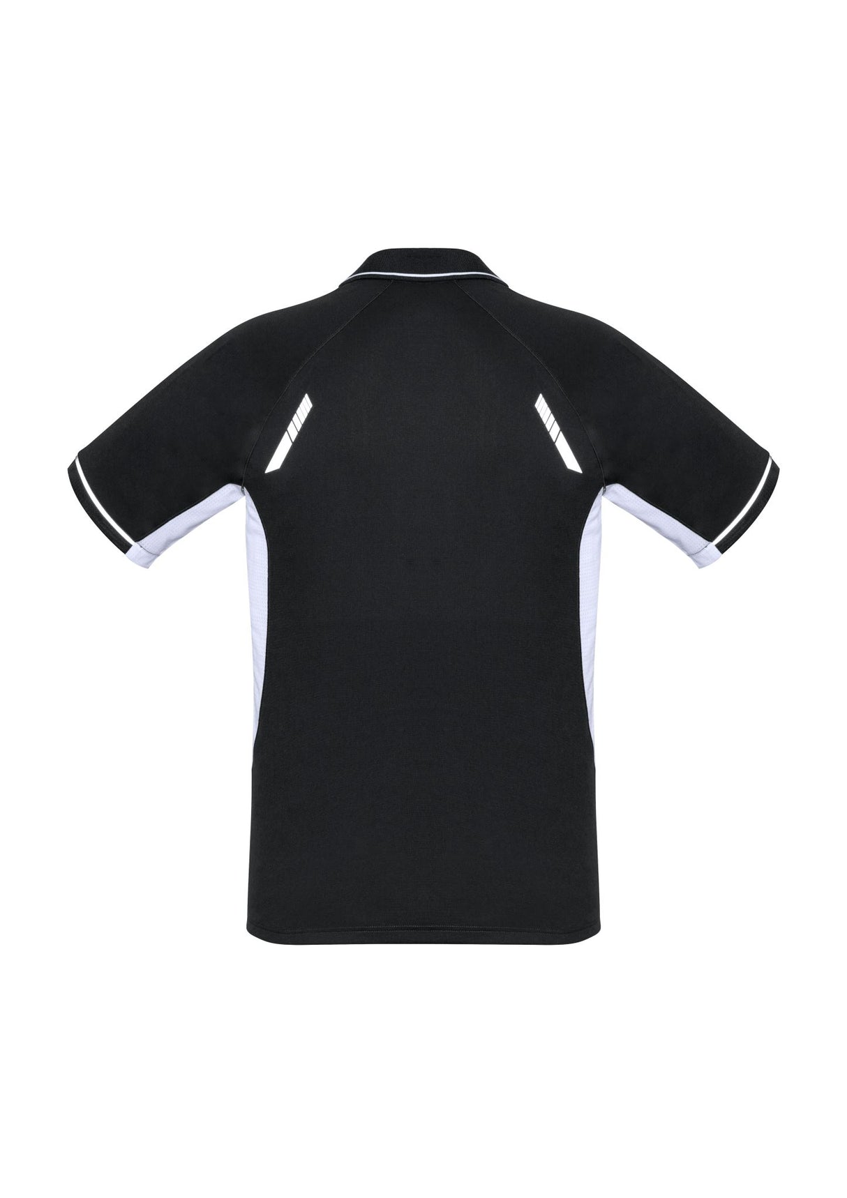Kids Renegade Polo in black, white, and silver, featuring breathable fabric, reflective trims, and a stylish striped collar.