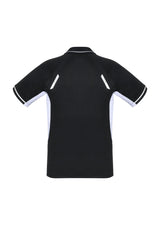 Kids Renegade Polo in black, white, and silver, featuring breathable fabric, reflective trims, and a stylish striped collar.