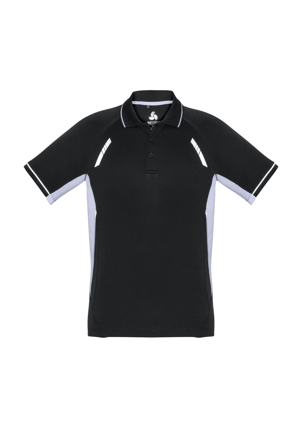 Kids Renegade Polo in Black, White, and Silver, featuring breathable fabric, reflective trims, and a stylish design for active wear.