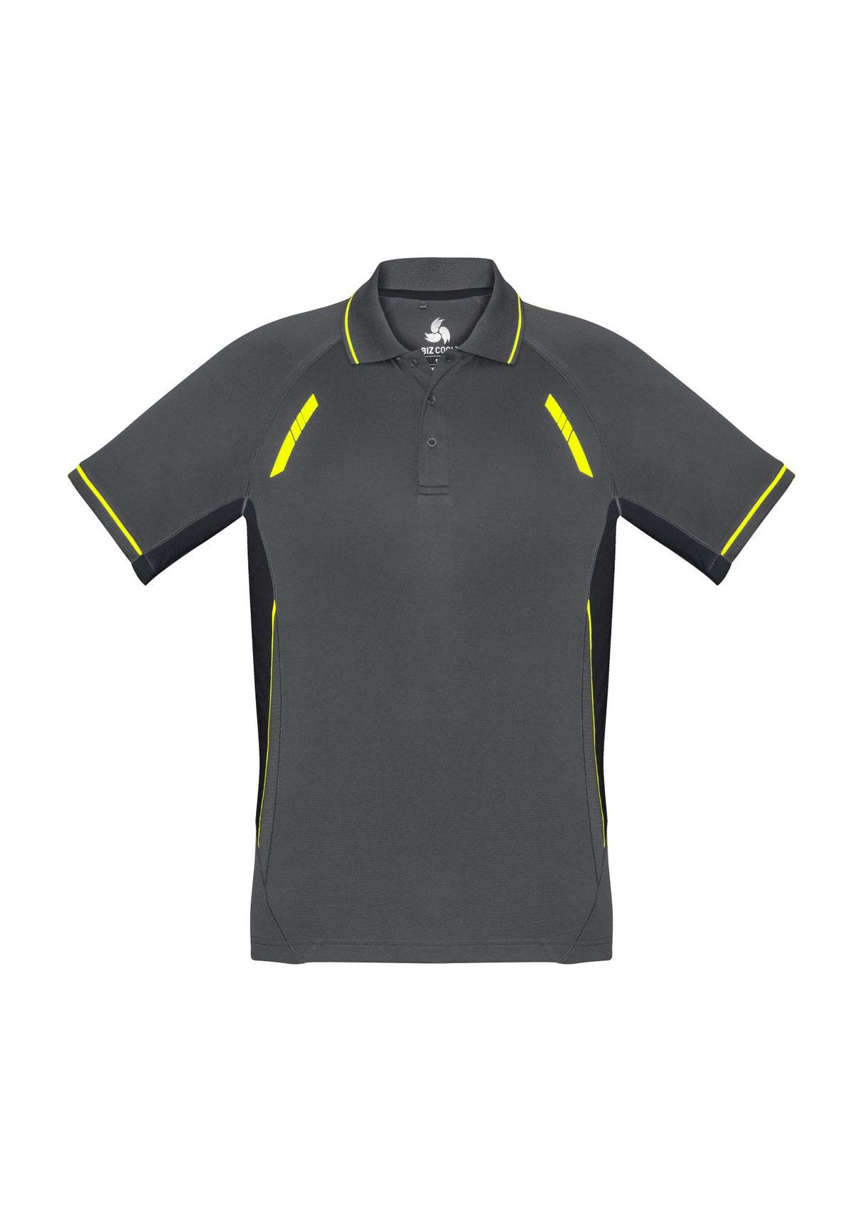Kids Renegade Polo in grey, black, and fluoro yellow, featuring mesh panels and reflective trims for style and ventilation.