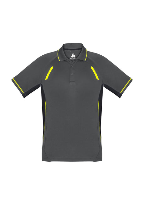 Kids Renegade Polo in grey, black, and fluoro yellow, featuring mesh panels and reflective trims for style and ventilation.
