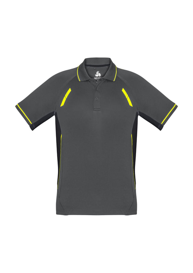Kids Renegade Polo in grey, black, and fluoro yellow, featuring mesh panels and reflective trims for style and ventilation.