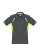 Kids Renegade Polo in Grey/Fluoro Lime/Silver, featuring reflective trims, breathable mesh, and a knitted stripe collar for active play.