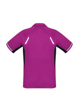 Kids Renegade Polo in Magenta, Black, and Silver, features UPF sun protection, mesh panels, and a knitted stripe collar.