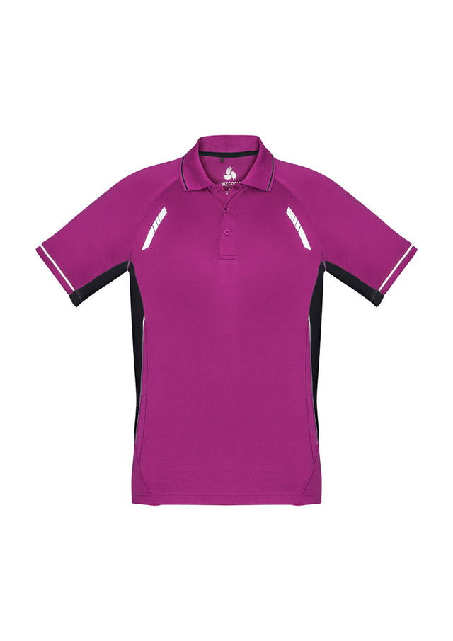 Kids Renegade Polo in Magenta/Black/Silver, size 8, featuring lightweight fabric, reflective trims, mesh panels, and a stylish collar.