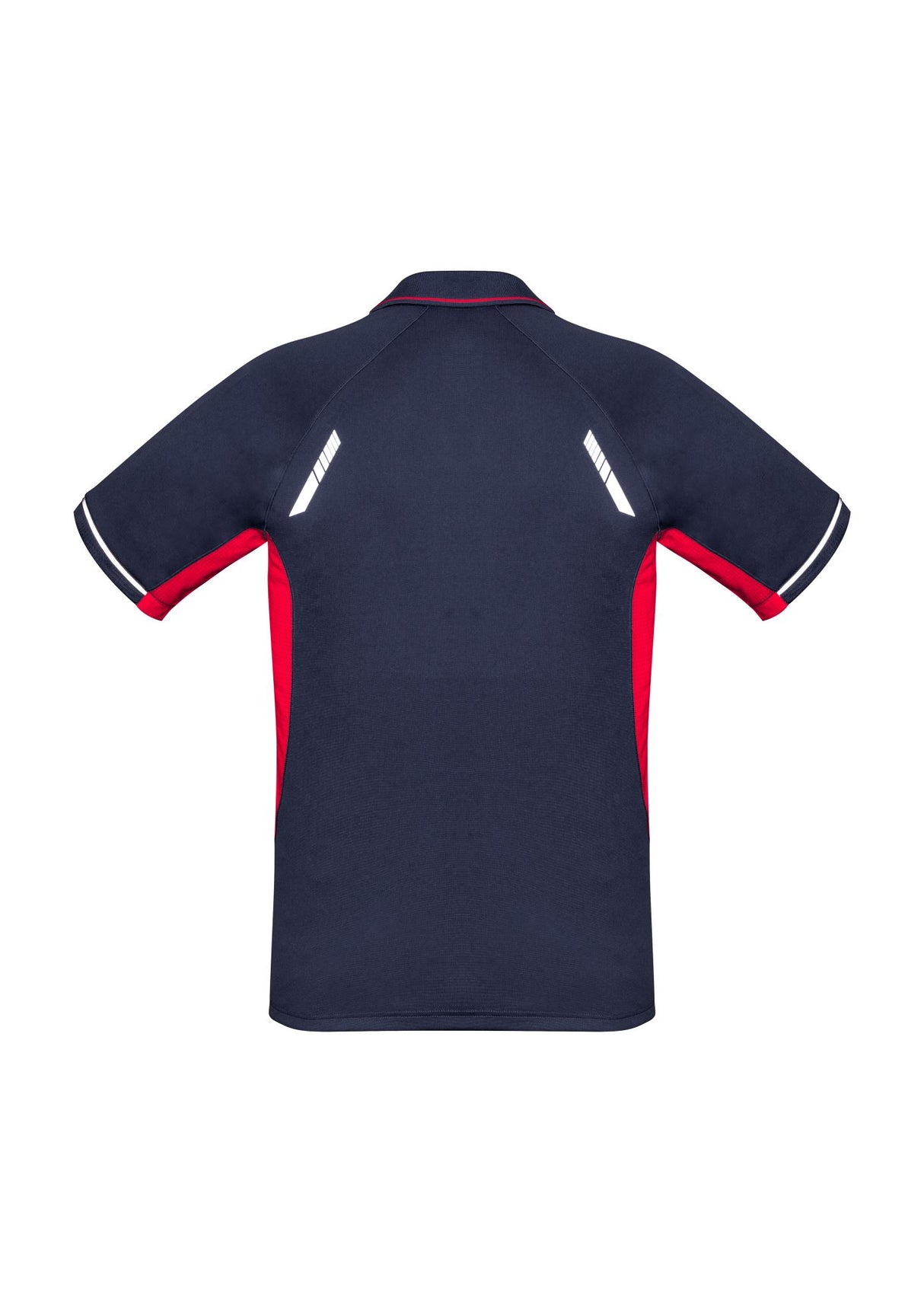 Kids Renegade Polo in Navy/Red/Silver, size 12, featuring breathable mesh, reflective trims, and a stylish knitted collar.