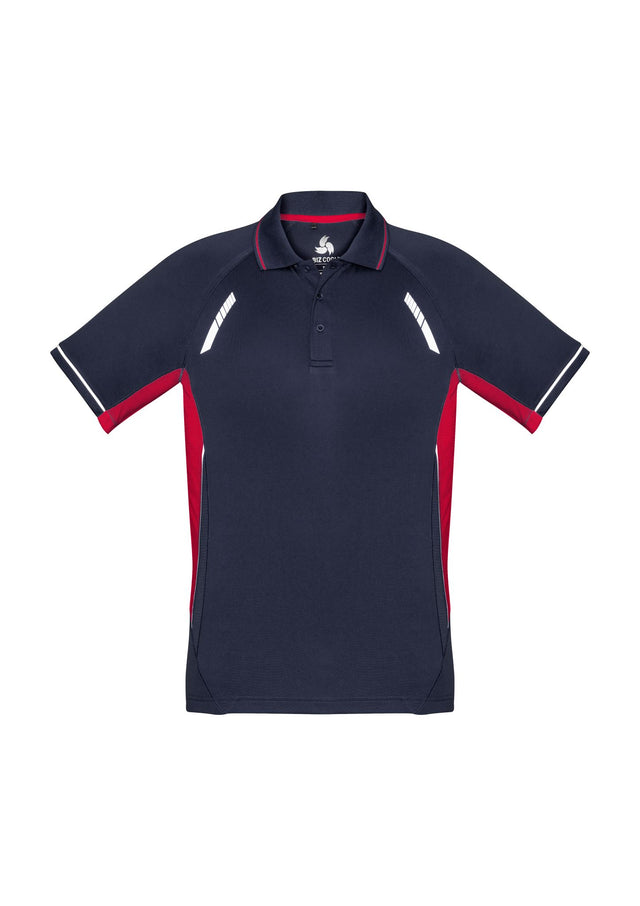 Kids Renegade Polo in Navy/Red/Silver, size 12, featuring breathable mesh, reflective trims, and stylish knitted collar.