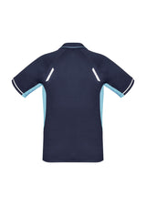 Kids Renegade Polo in Navy/Sky/Silver, size 12, featuring breathable fabric, reflective trims, mesh panels, and a stylish collar.