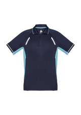 Kids Renegade Polo in Navy/Sky/Silver, Size 8, featuring breathable fabric, reflective trims, and stylish sporty design.