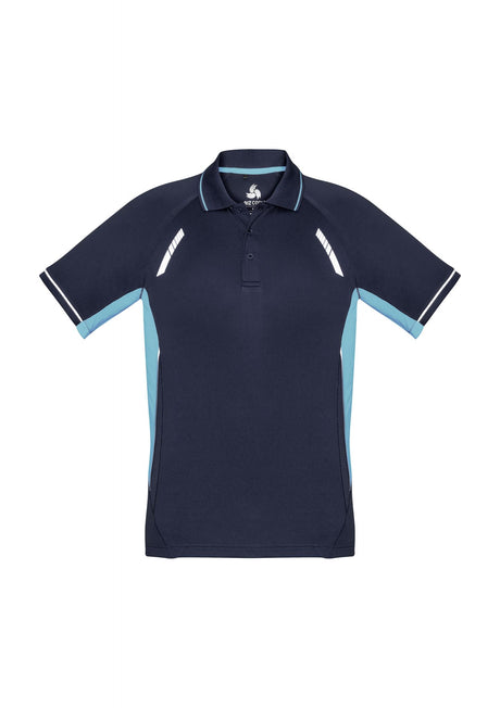 Kids Renegade Polo in Navy/Sky/Silver, Size 8, featuring breathable fabric, reflective trims, and stylish sporty design.