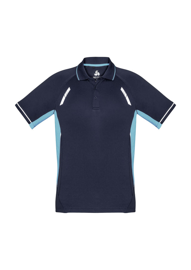 Kids Renegade Polo in Navy/Sky/Silver, Size 8, featuring breathable fabric, reflective trims, and stylish sporty design.