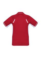 Kids Renegade Polo in vibrant red and white with silver trims, made from breathable UPF-protected micro polyester. Size 10.
