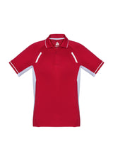 Vibrant red, white, and silver Kids Renegade Polo with breathable mesh panels, perfect for active days. Size 10.