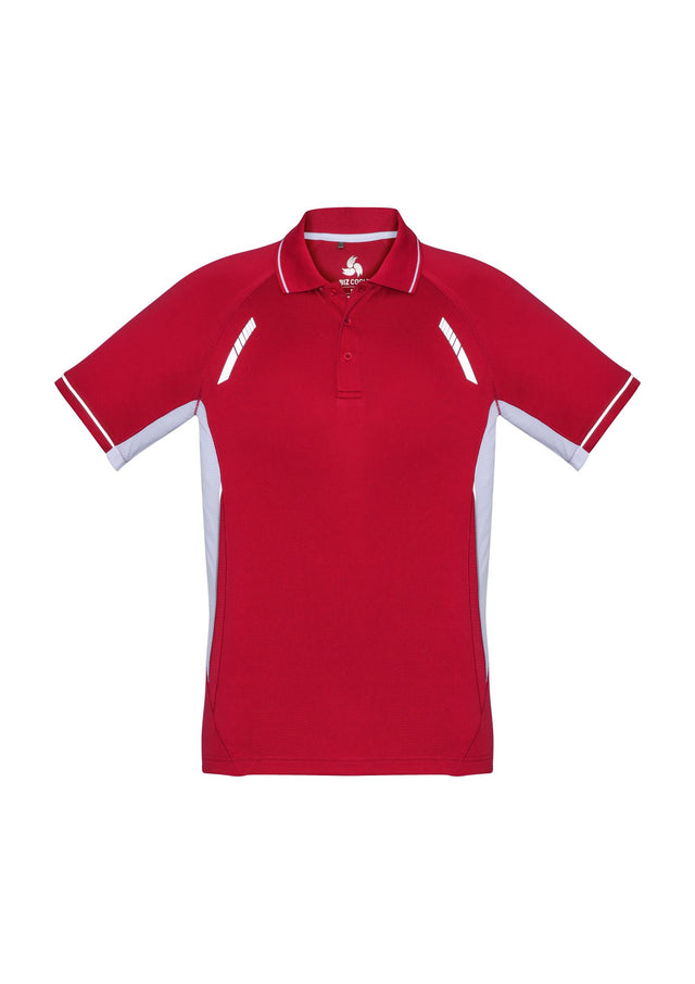 Vibrant red, white, and silver Kids Renegade Polo with breathable mesh panels, perfect for active days. Size 10.