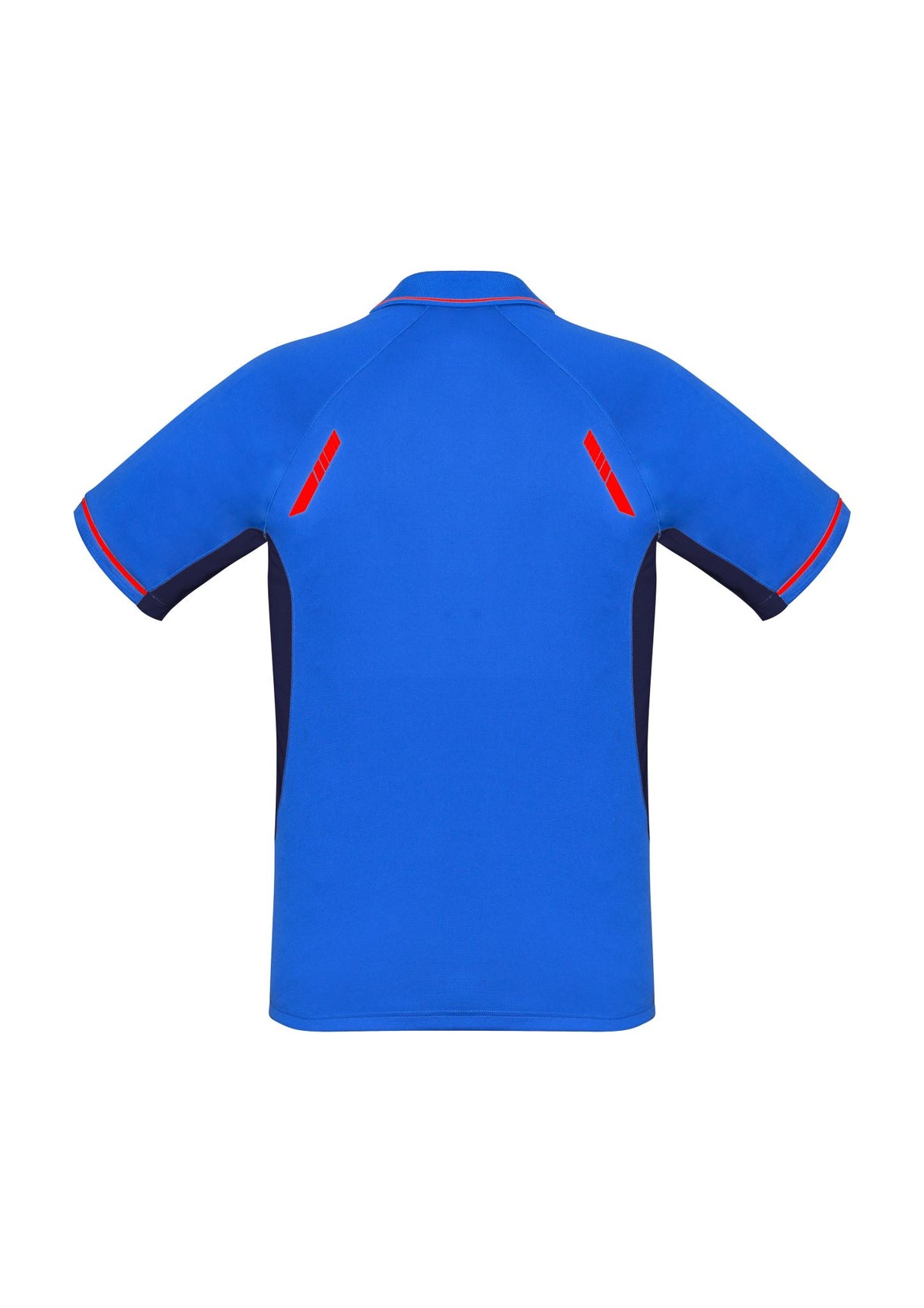 Vibrant Kids Renegade Polo in Royal, Navy, and Fluoro Orange, featuring reflective trims and moisture-wicking fabric, size 12.