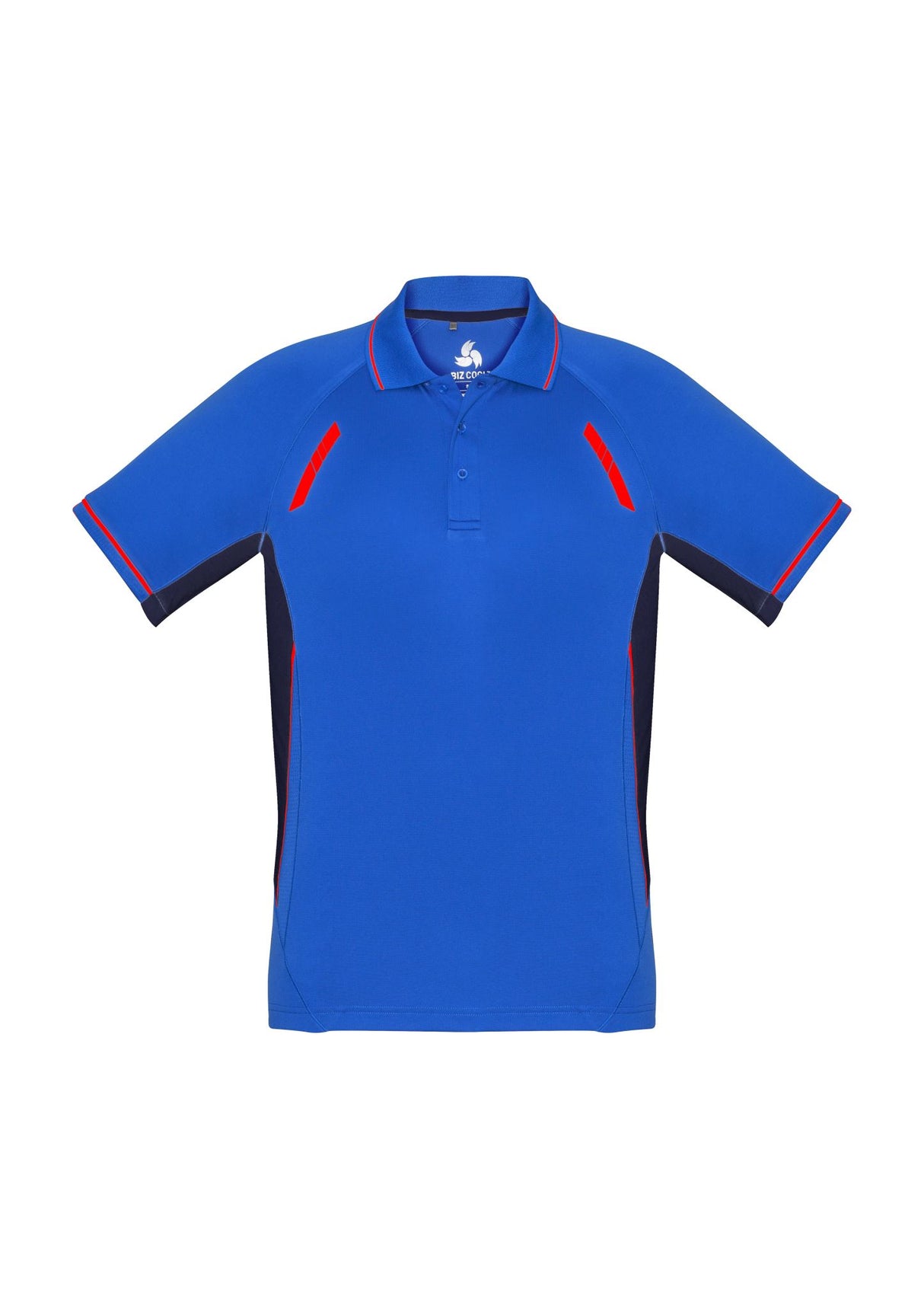 Kids Renegade Polo in Royal, Navy, and Fluoro Orange, features breathable fabric, reflective trims, and stylish stripe collar.