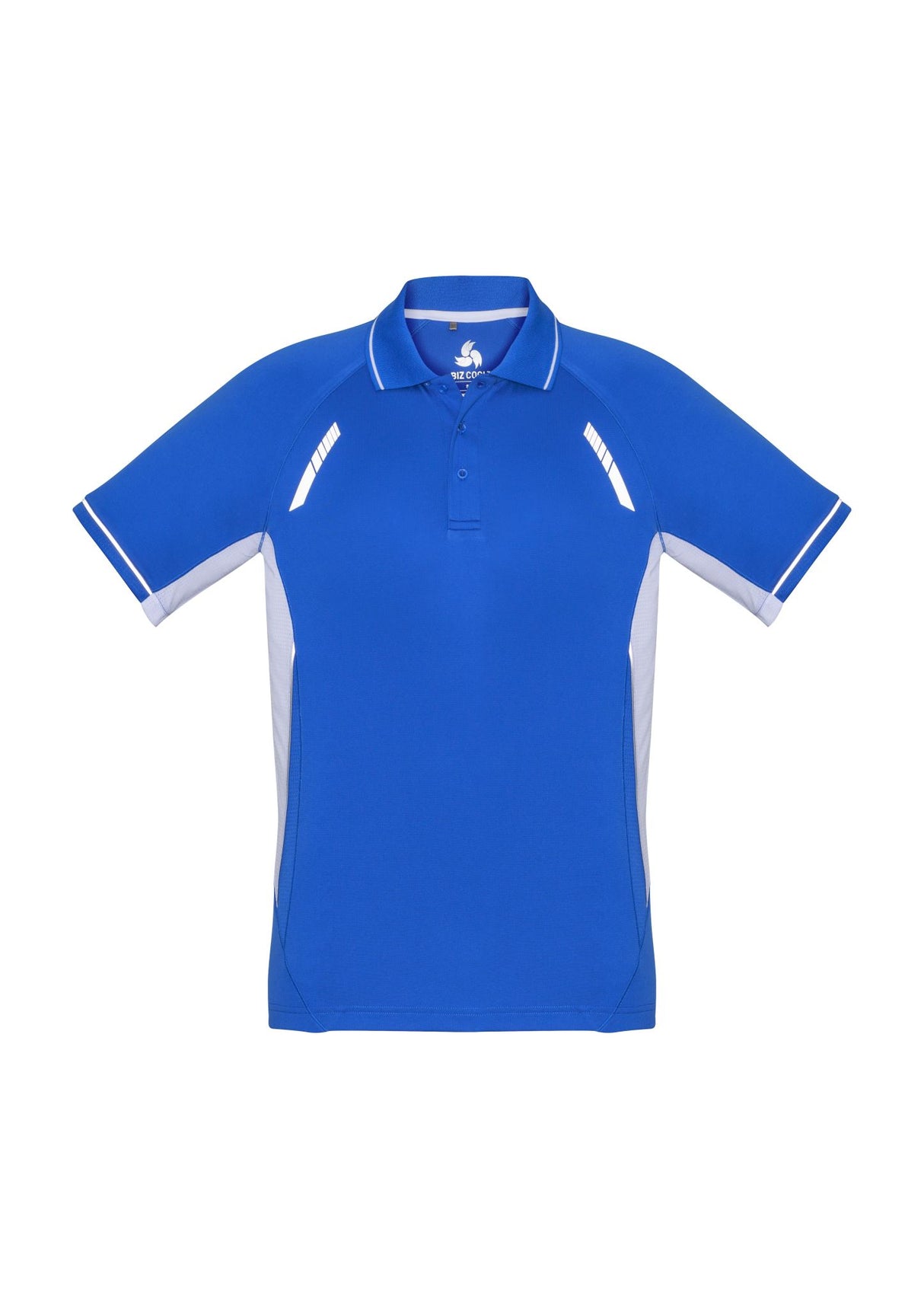 Kids Renegade Polo in Royal, White, and Silver, featuring breathable fabric, reflective trims, and a knitted stripe collar.