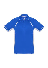 Kids Renegade Polo in Royal, White, and Silver, featuring breathable fabric, reflective trims, and a knitted stripe collar.