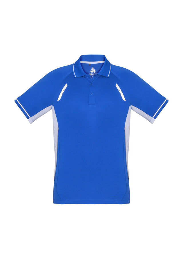 Kids Renegade Polo in Royal, White, and Silver, featuring breathable fabric, reflective trims, and a knitted stripe collar.