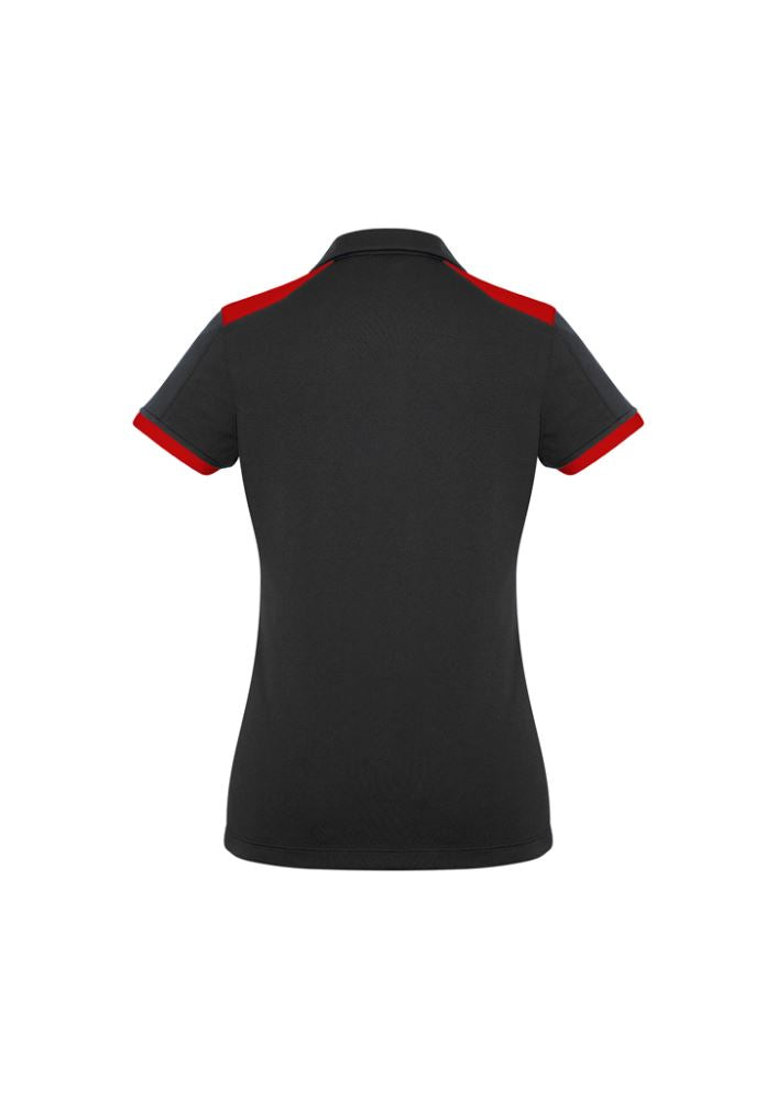 Ladies Rival Polo in Black/Red, size 24, featuring BIZ COOL fabric, stylish contrast panels, and a flattering Y-line placket.