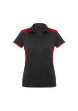 Ladies Rival Polo in Black/Red, Size 24, featuring bold contrast panels, lightweight fabric, and stylish Y-line placket.