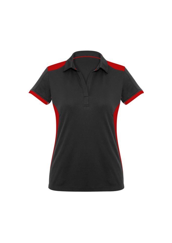 Ladies Rival Polo in black and red, size 14, featuring a stylish design, UPF protection, and Y-line placket for a flattering fit.