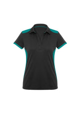 Ladies Rival Polo in Black/Teal, Size 16, features breathable 100% polyester, contrast panels, and a flattering Y-line placket.