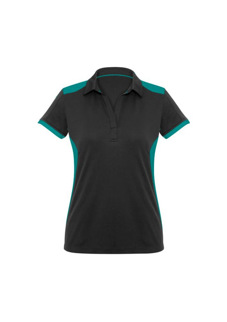 Ladies Rival Polo in Black/Teal, Size 16, features breathable 100% polyester, contrast panels, and a flattering Y-line placket.