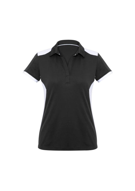 Ladies Rival Polo in Black/White, Size 22, featuring contrast panels, Y-line placket, and stylish self-fabric collar.