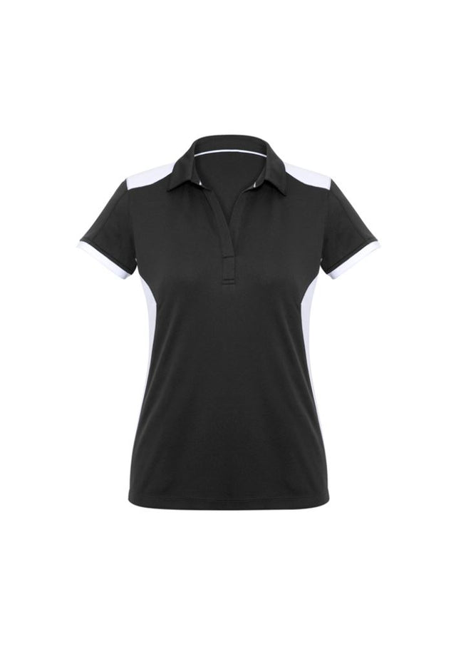 Ladies Rival Polo in Black/White, Size 22, featuring contrast panels, Y-line placket, and stylish self-fabric collar.
