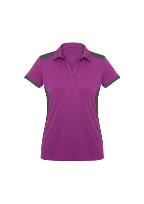 Ladies Rival Polo in Cerise and Grey, featuring a stylish contrast panel, UPF protection, and tailored Y-line placket for size 24.